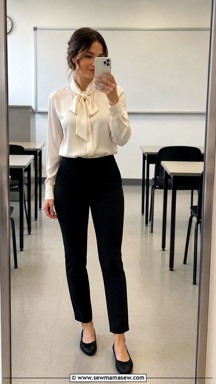 Silk Blouse with Black Ponte Pants Outfit - 30 classy back to school outfits