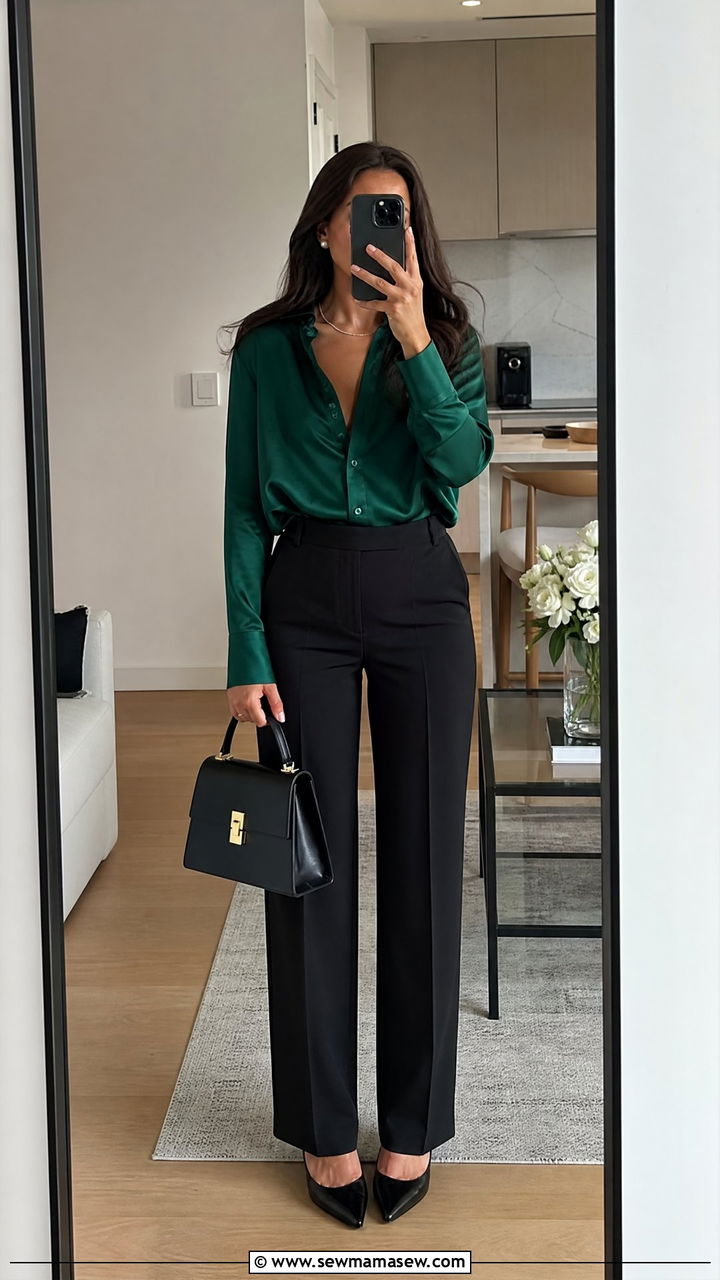 Silk Blouse with Black Trousers and Pointed Toe Flats - 25 How to dress in your 40s