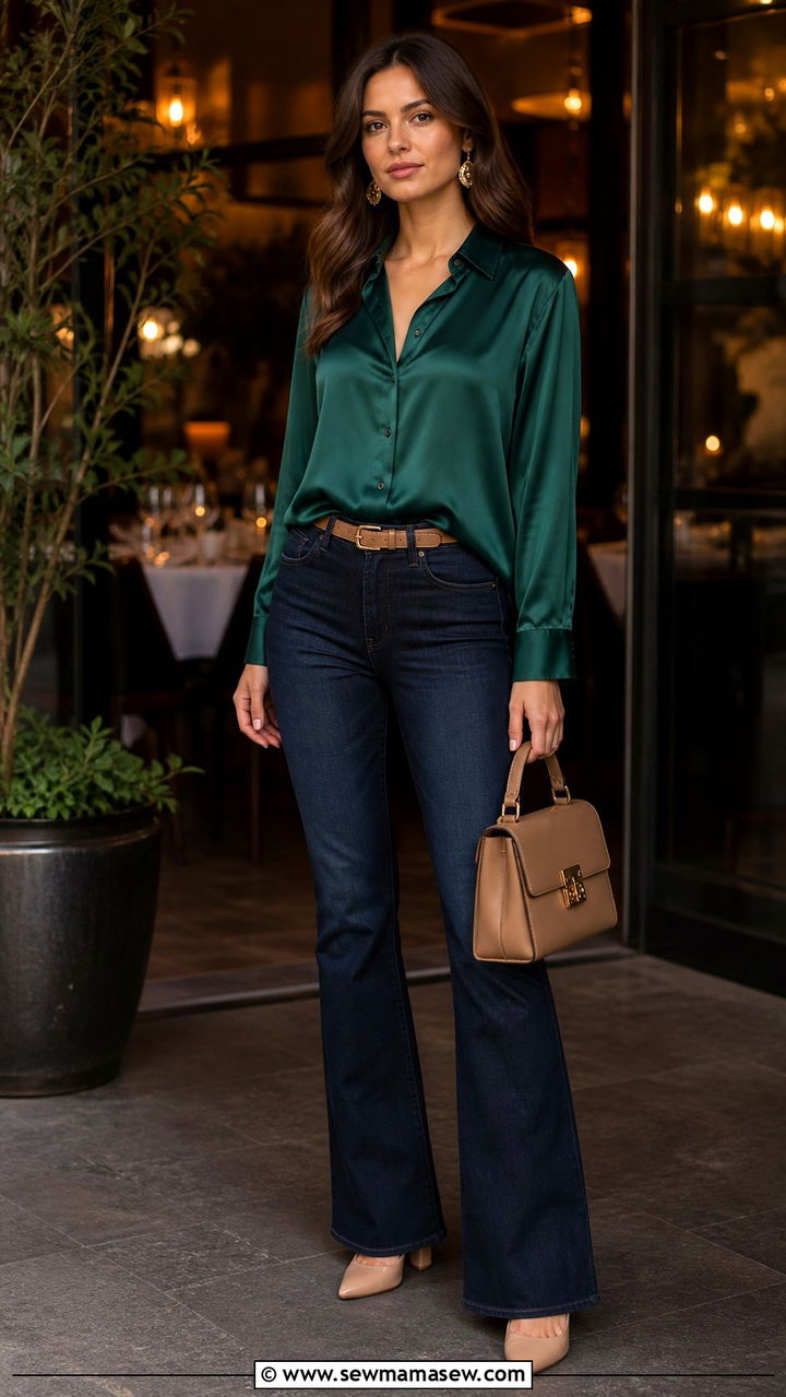Silk Blouse with Bootcut Jeans and Block Heels - 40 jeans outfit ideas for women
