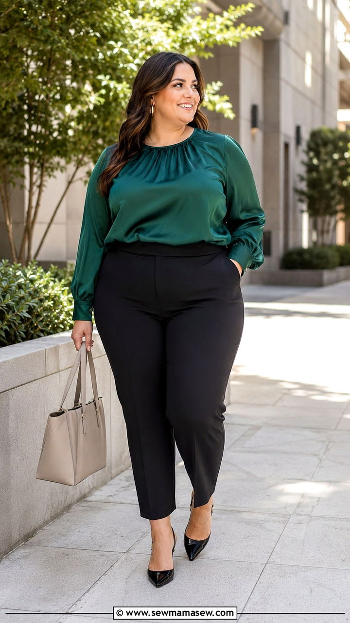 Silk Blouse with Cropped Trousers - 30 Plus size business casual outfit ideas