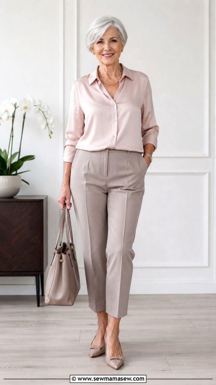 Silk Blouse with Cropped Trousers - 20 Work outfit ideas for women over 60 2026