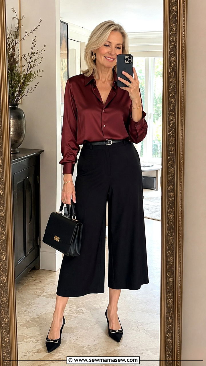 Silk Blouse with Culottes - 30 Modest outfit ideas for women over 50