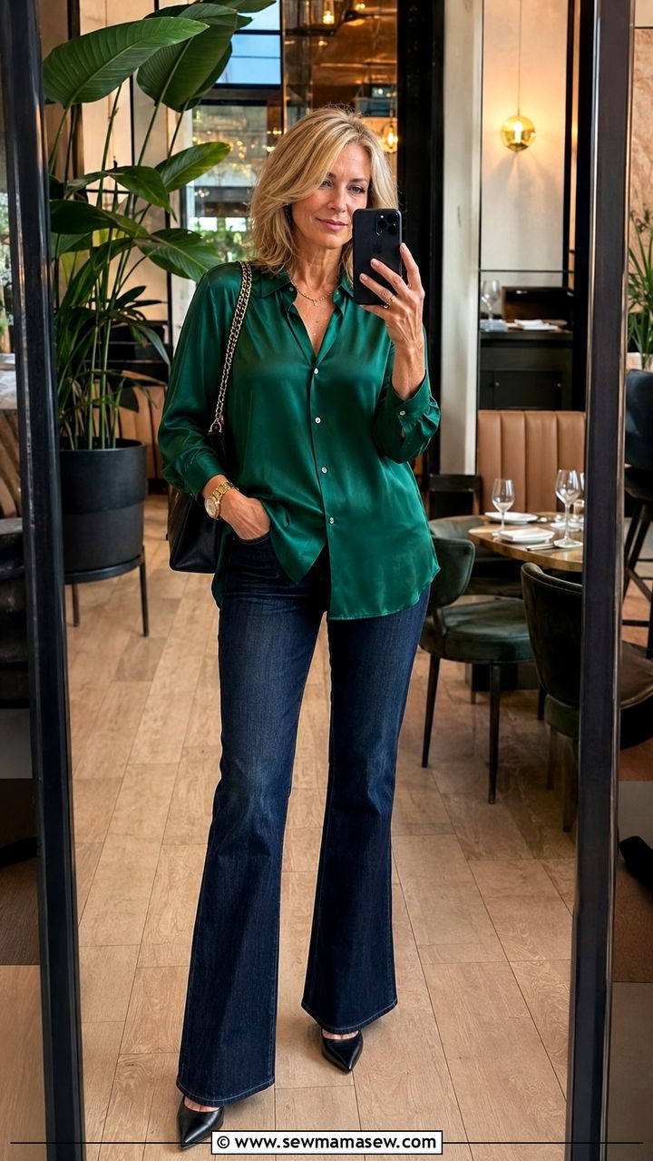 Silk Blouse with Dark Wash Bootcut Jeans - 30 Outfit ideas for boomer women