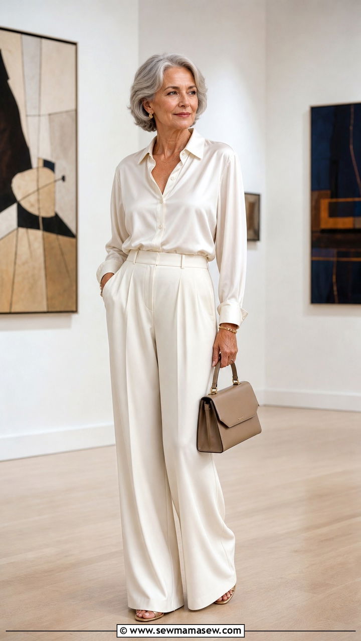 Silk Blouse with Fluid High Waist Trousers - 40 Spring outfit ideas for women over 60 2026