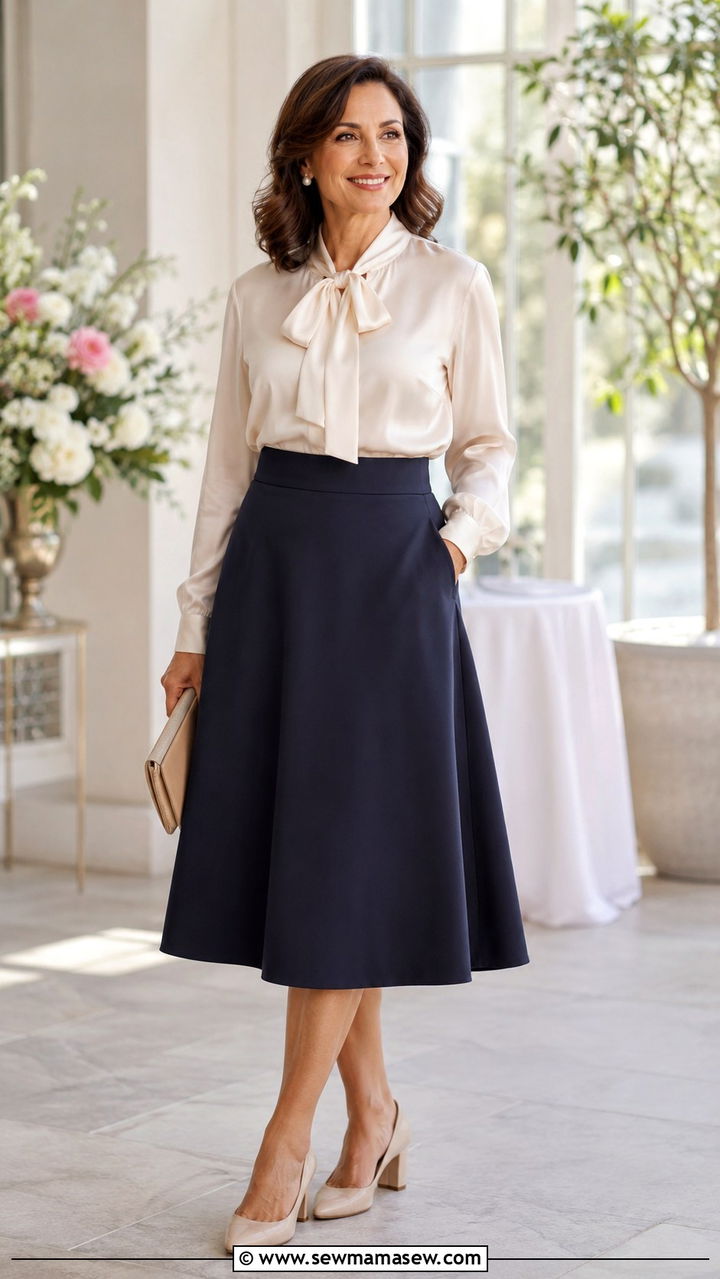 Silk Blouse with High Waist A Line Skirt - 25 Outfit ideas for pear shape over 40