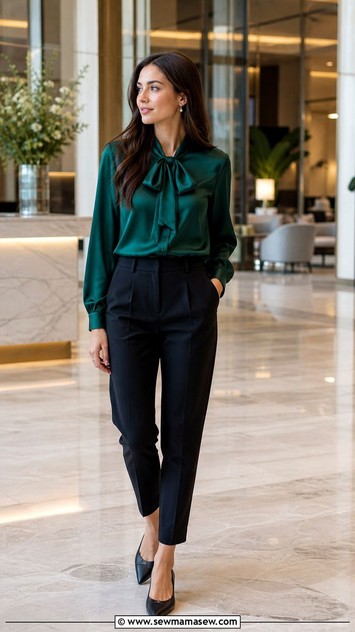 Silk Blouse with High Waist Trousers and Pointed Toe Flats - 20 40 year old woman outfit ideas