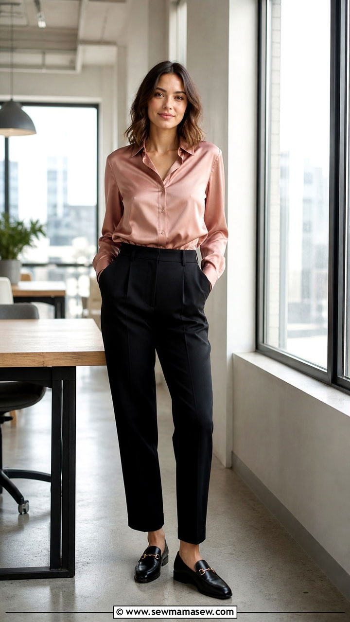 Silk Blouse with High Waisted Tailored Trousers - 40 classy office outfit ideas