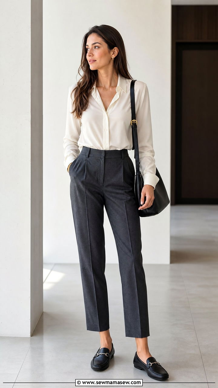 Silk Blouse with High Waisted Trousers - 25 Old money outfit ideas with driving loafers