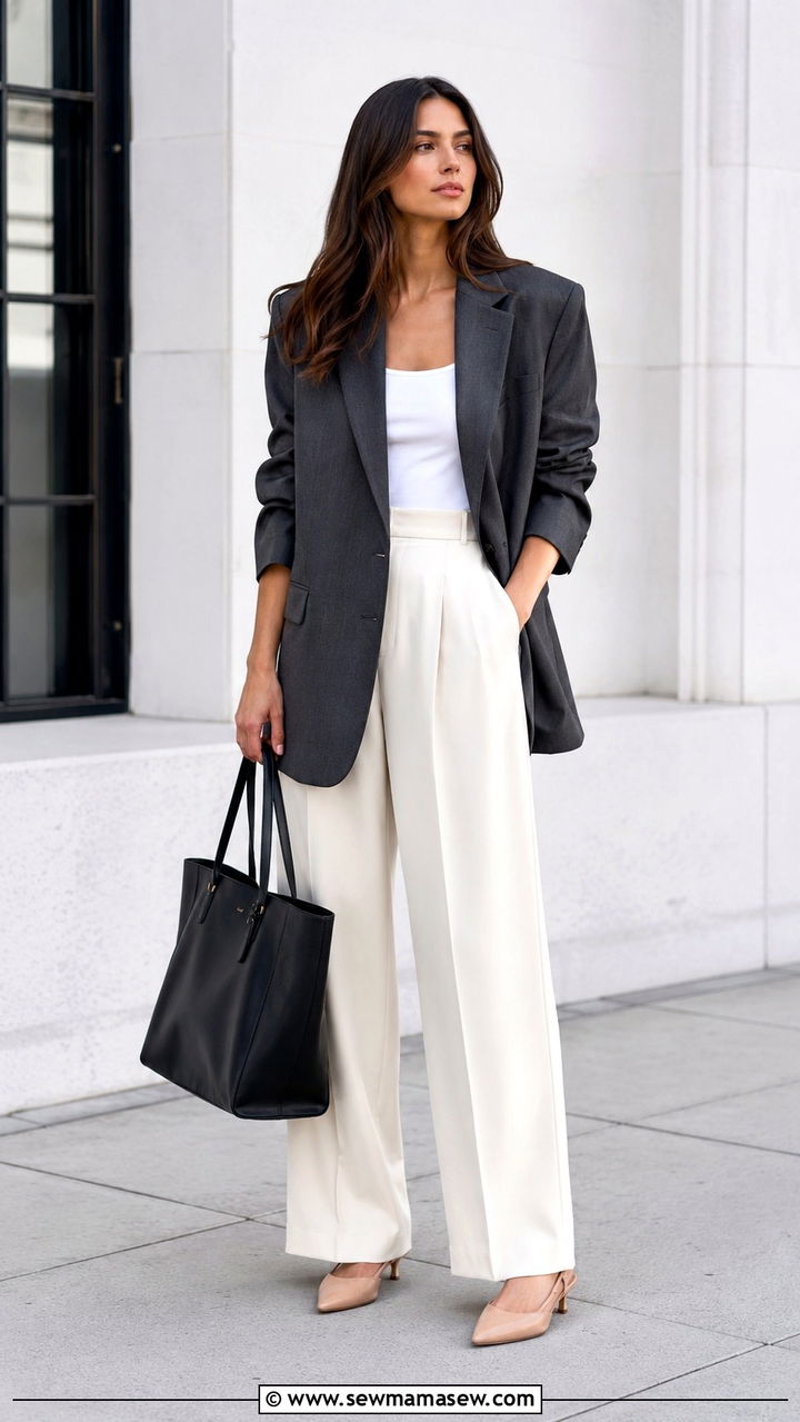 Silk Blouse with High Waisted Wide Leg Trousers - 25 Monday work outfit ideas