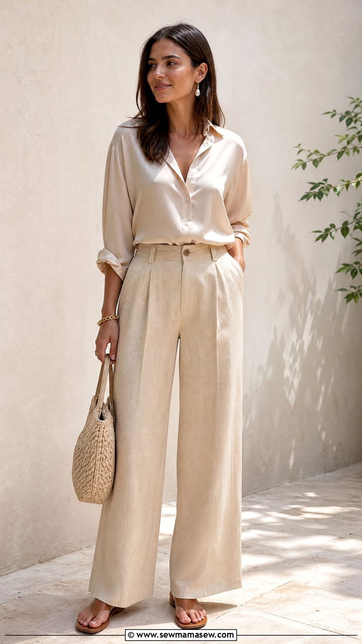 Silk Blouse with Linen Trousers Summer Outfit - 30 summer old money outfit ideas