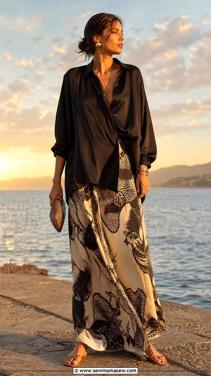 Silk Blouse with Maxi Skirt - 30 Summer outfits with silk blouse