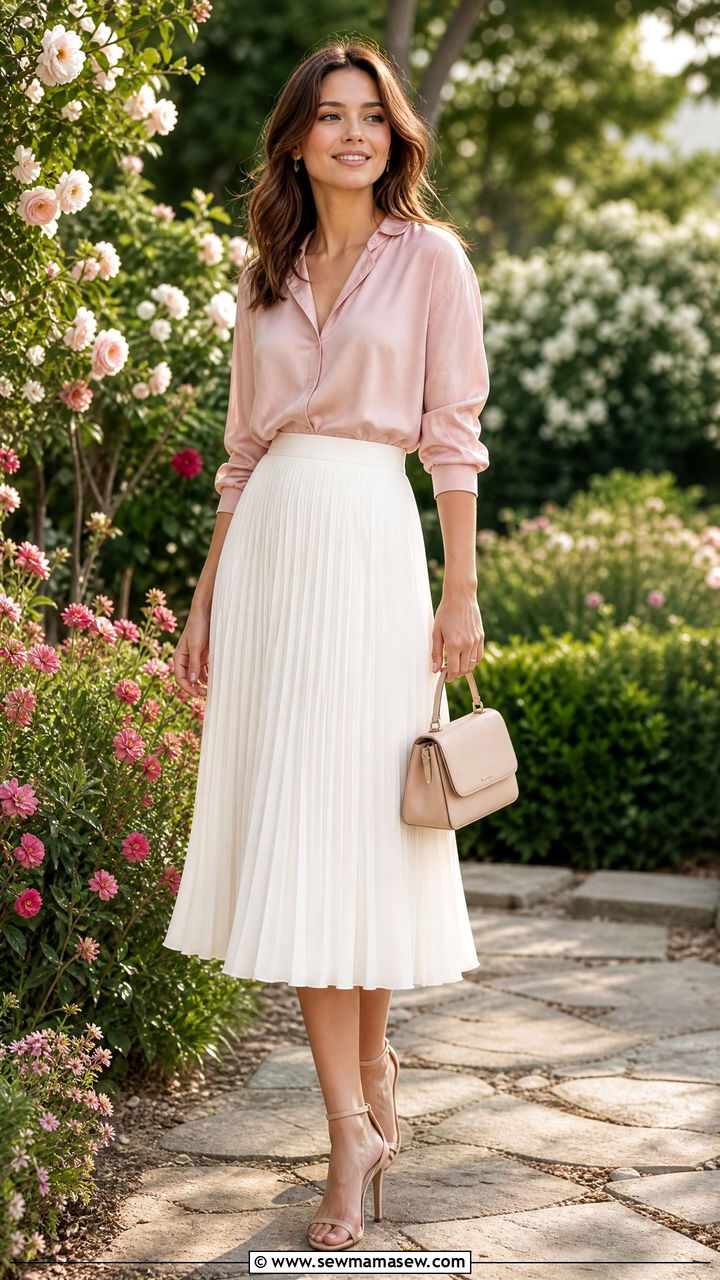 Silk Blouse with Midi Skirt - 30 Summer outfits with silk blouse