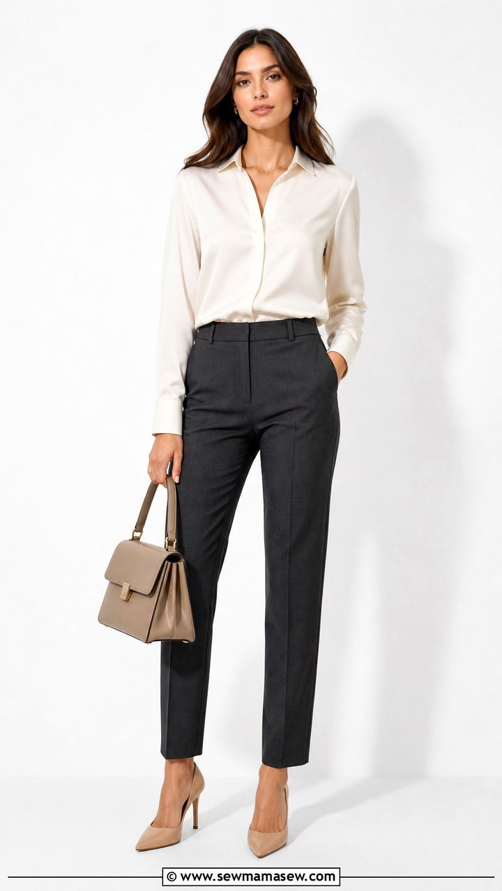 Silk Blouse with Tailored Trousers and Pointed Toe Pumps - 40 Business casual outfit ideas for women