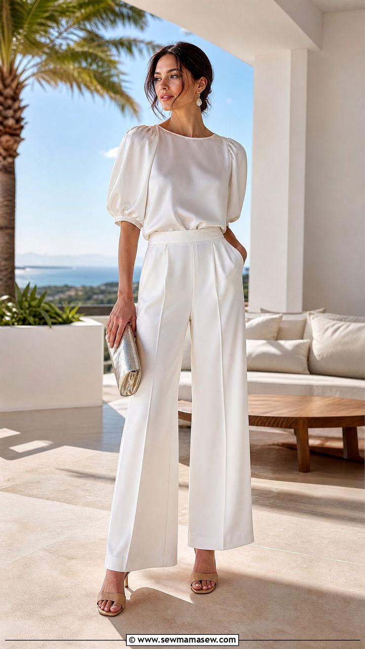 Silk Blouse with White Trousers - 30 Summer outfits with silk blouse