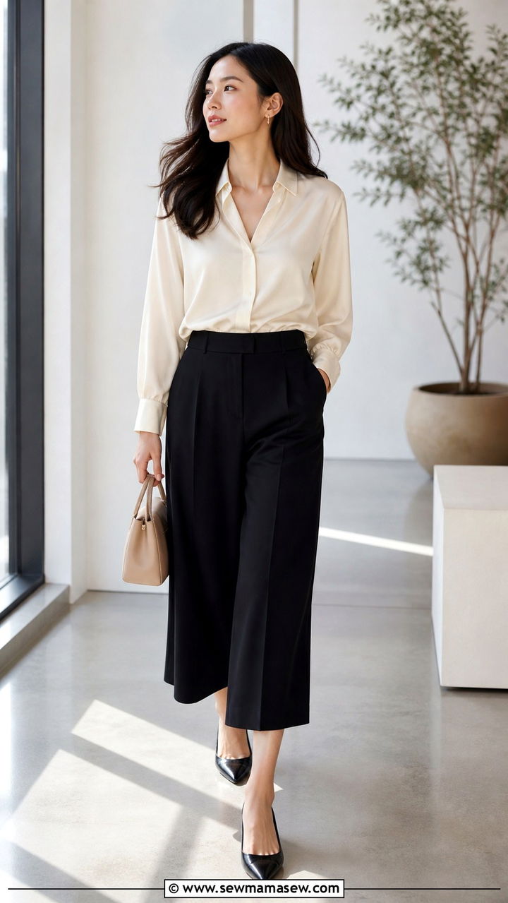 Silk Blouse with Wide Leg Culottes Office Outfit - 40 Classy work outfit ideas