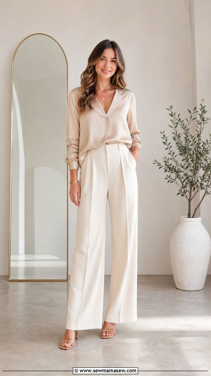 Silk Blouse with Wide Leg Trousers - 30 Professional headshot outfit ideas for women
