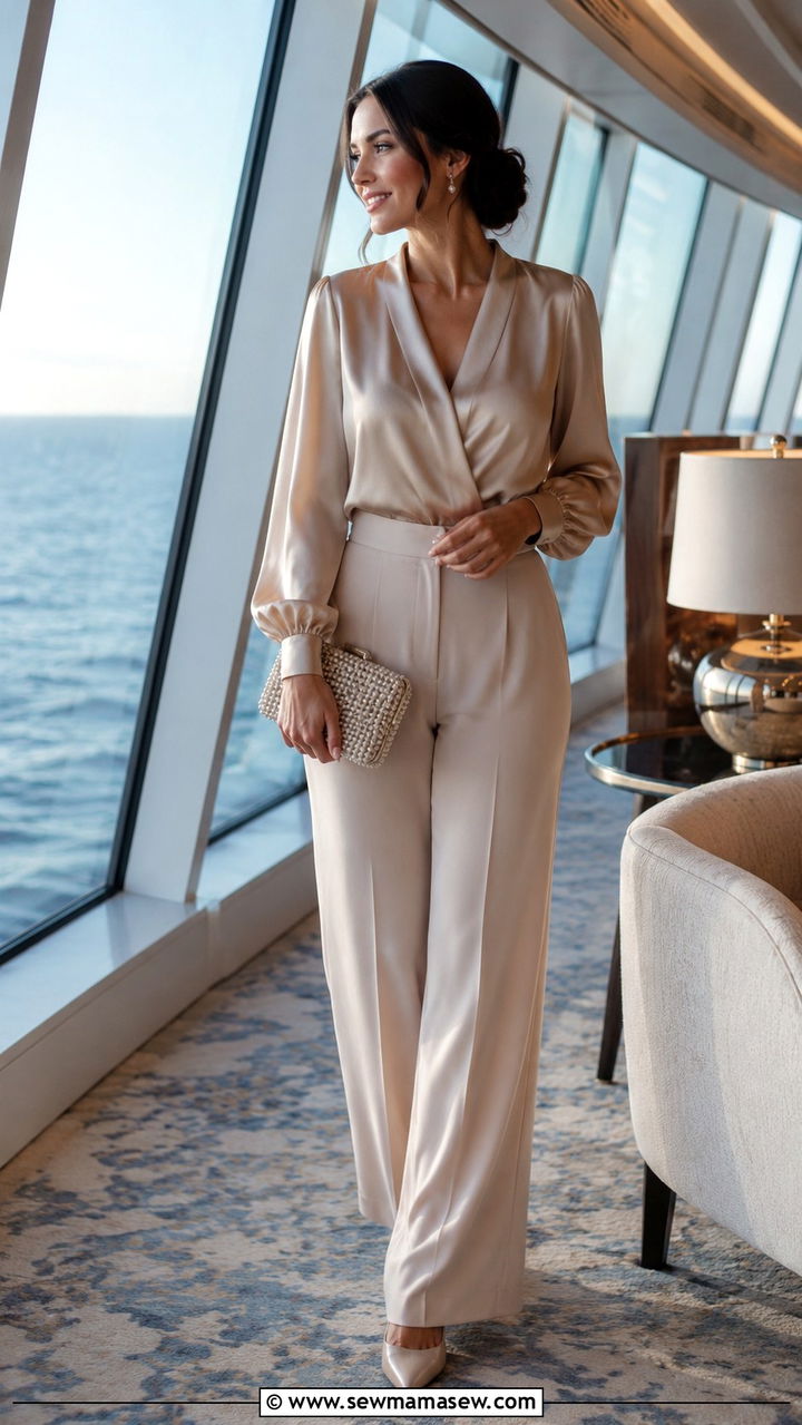 Silk Blouse with Wide Leg Trousers - 30 modest cruise outfit ideas