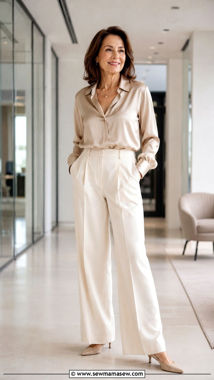 Silk Blouse with Wide Leg Trousers Over 50 - 30 Chic outfit ideas for women over 50