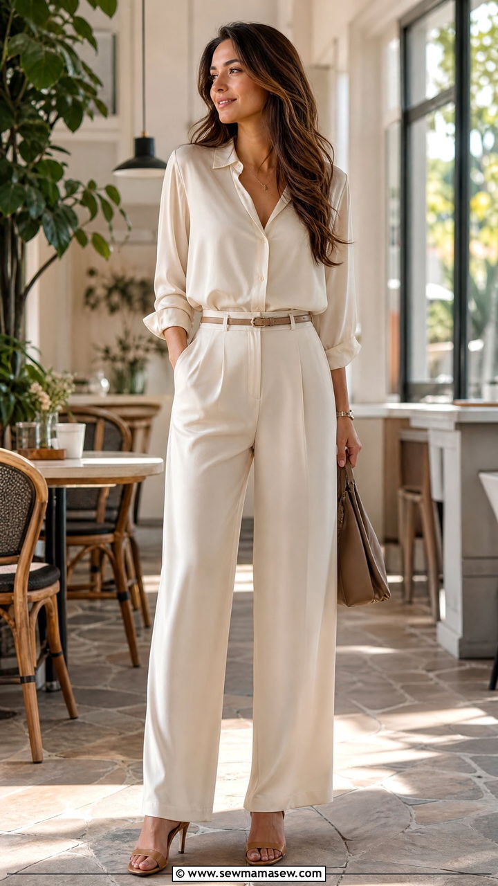 Silk Blouse with Wide Leg Trousers and Heeled Sandals - 25 casual classy outfits