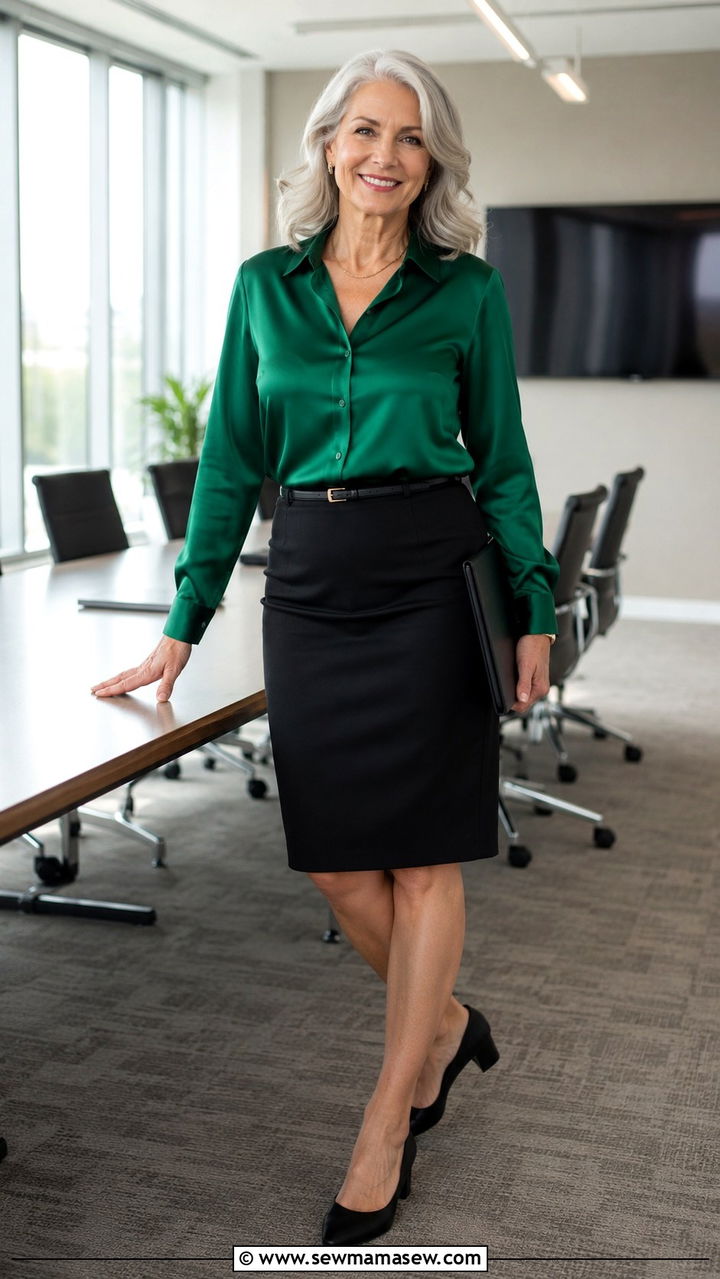 Silk Blouse with a Knee Length Pencil Skirt - 25 Work outfits for women over 60