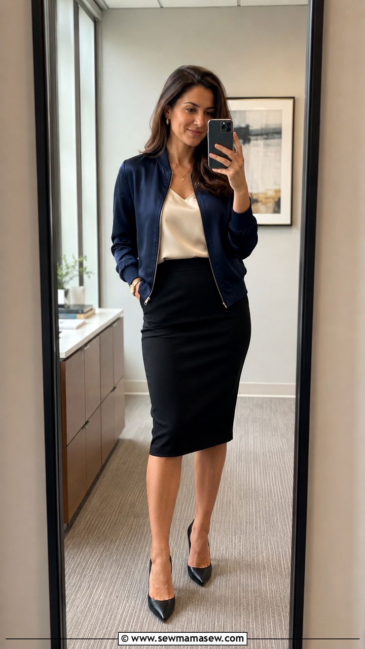 Silk Bomber Jacket With Pencil Skirt - 25 bomber jacket outfits for women over 40