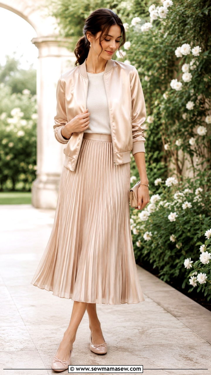 Silk Bomber with Pleated Midi Skirt and Ballet Flats - 30 How to style a bomber jacket
