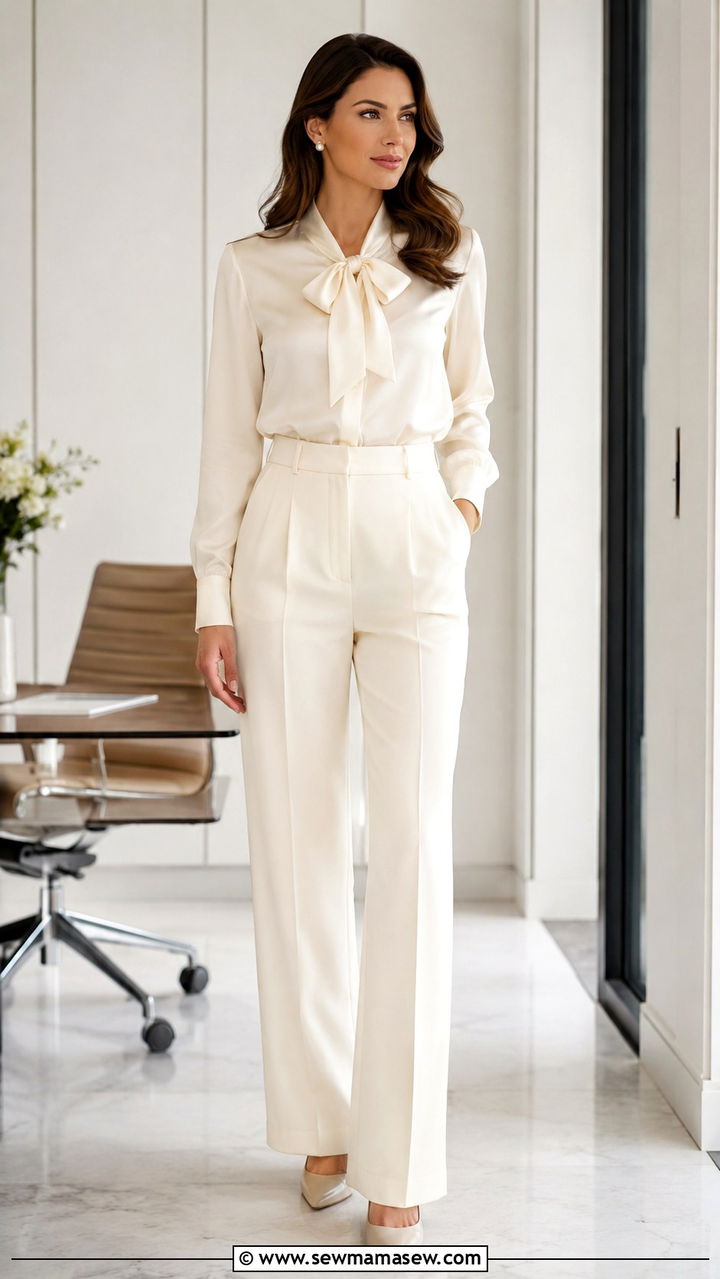 Silk Bow Blouse With Tailored Trousers - 30 romantic outfit ideas for women