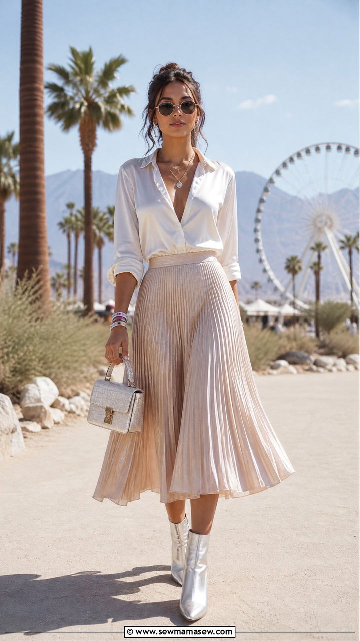 Silk Button Down Blouse with Pleated Midi Skirt - 25 classy Coachella outfits
