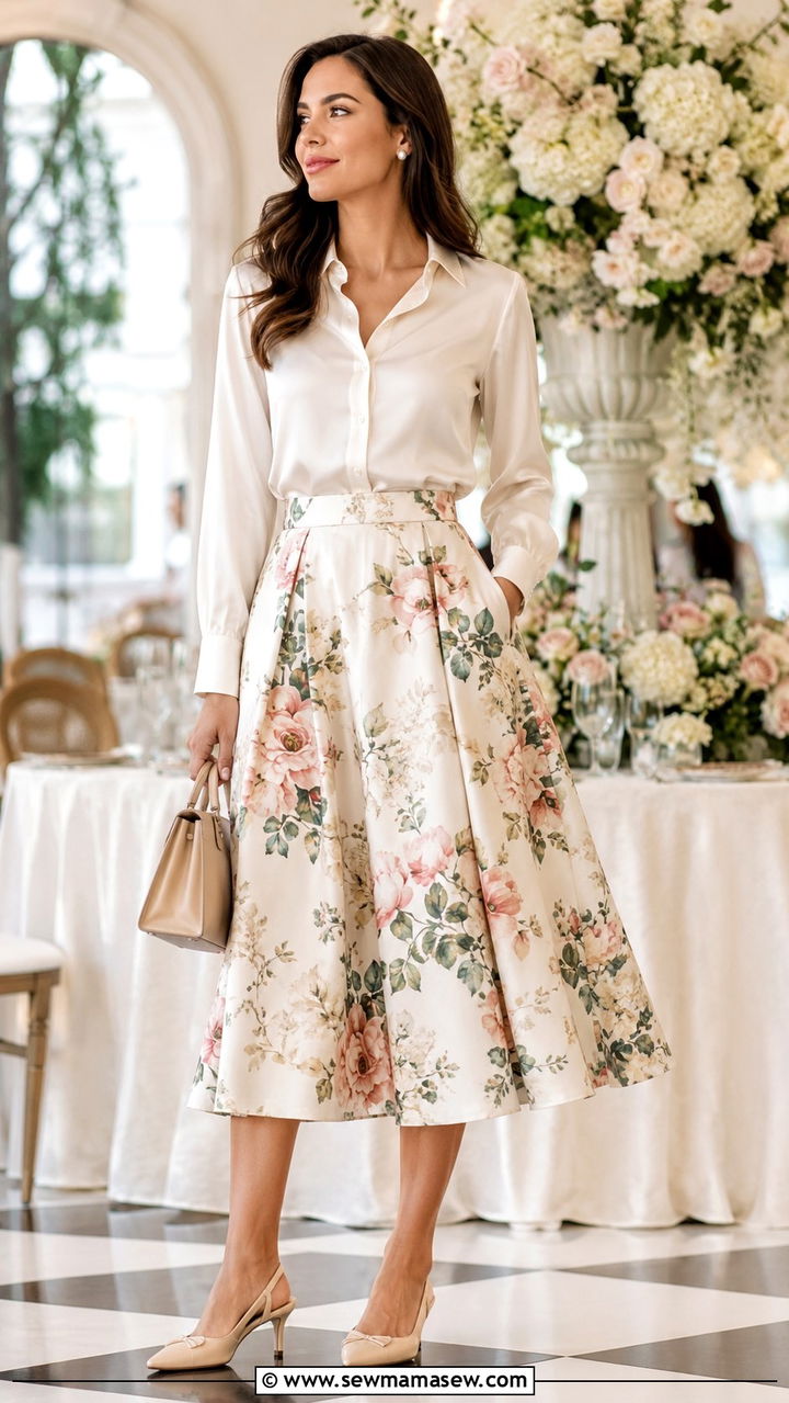 Silk Button Down Shirt With A Line Midi Skirt - 30 Trendy outfits for women over 40