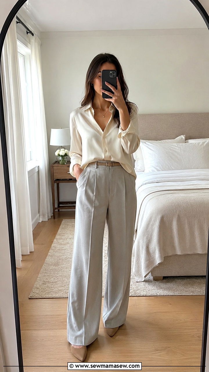 Silk Button Down Shirt and Wide Leg Trousers Petite - 25 Petite outfit ideas with wide leg pants