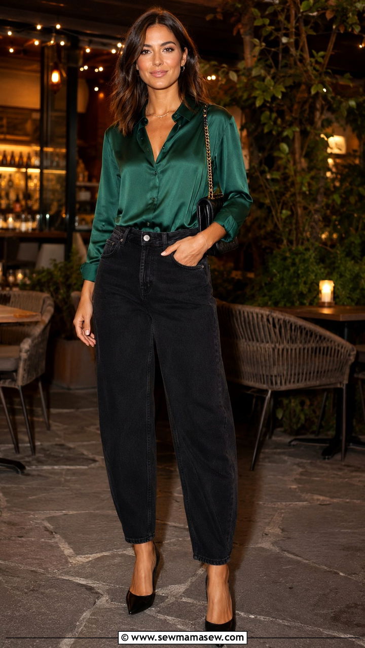 Silk Button Down With Black Barrel Jeans and Pointed Toe Heels - 25 Barrel jeans outfit ideas with a button down