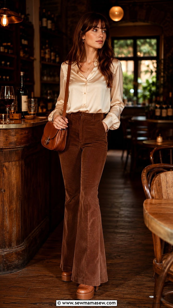 Silk Button Down With Corduroy Flared Trousers - 30 classy parisian outfit ideas