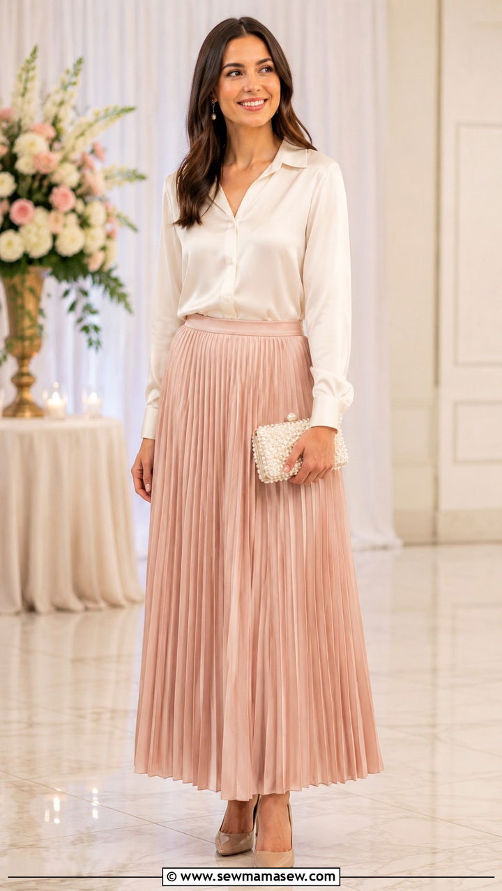 Silk Button Down With Pleated Maxi Skirt - 30 Maxi skirt outfit ideas with a button down