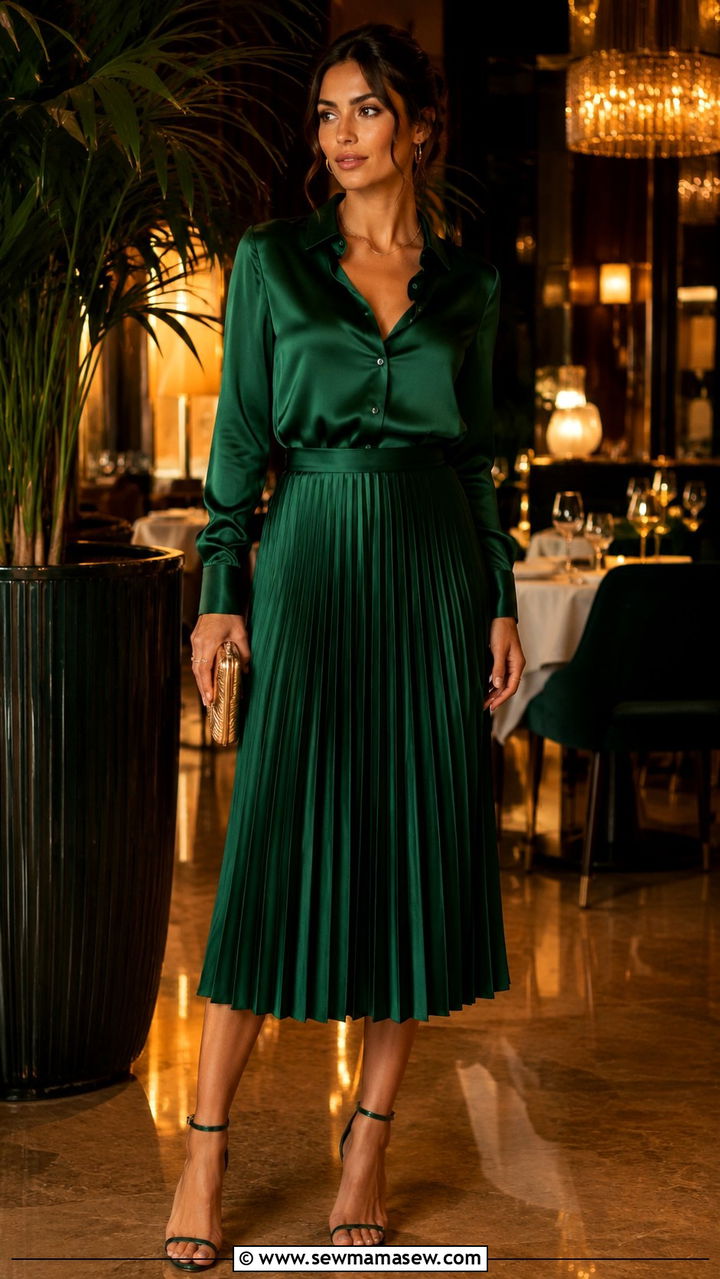 Silk Button Down With Satin Pleated Midi Skirt And Strappy Heels - 30 Pleated skirt outfit ideas with a button down