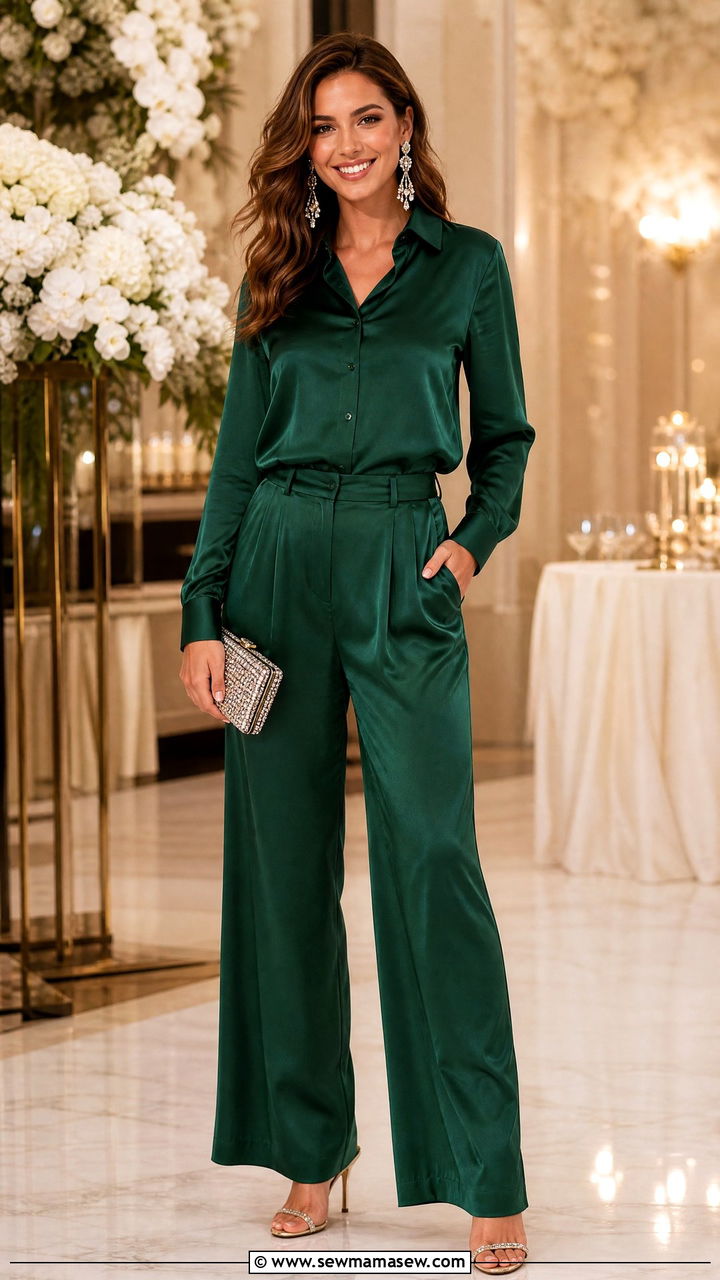 Silk Button Down with Satin Wide Leg Trousers - 25 Wide leg trousers outfit ideas with a button down