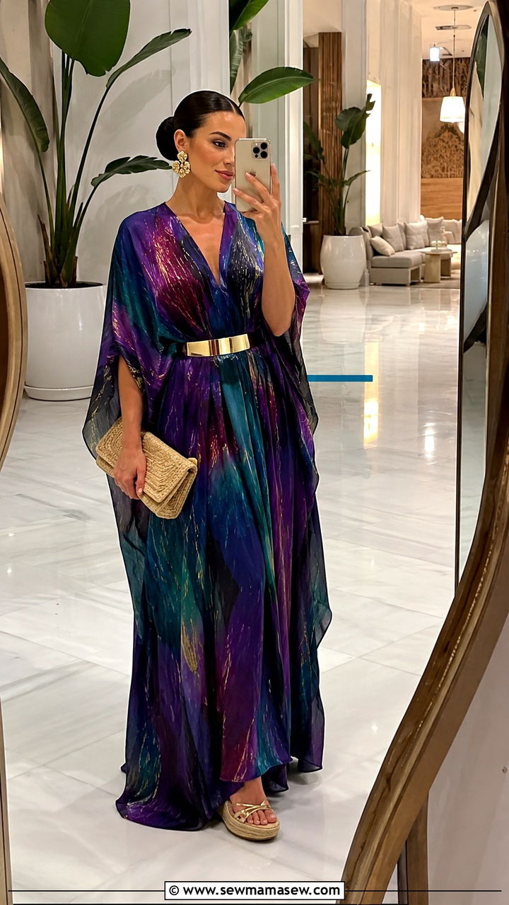 Silk Caftan Dress with Statement Earrings and Wedges - 30 Resort wear outfit ideas 2026