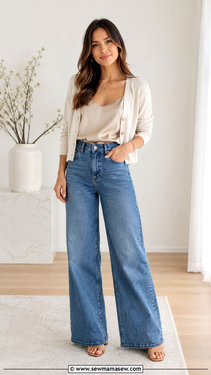 Silk Cami With High Waisted Wide Leg Jeans Petite Outfit - 25 Petite spring capsule wardrobe