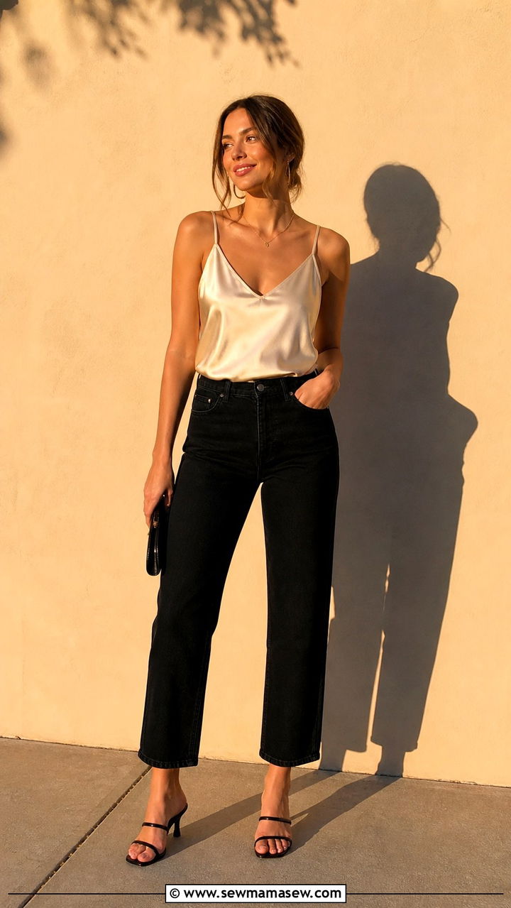 Silk Cami and Black Straight Leg Jeans With Strappy Heels - 40 casual black jeans outfits