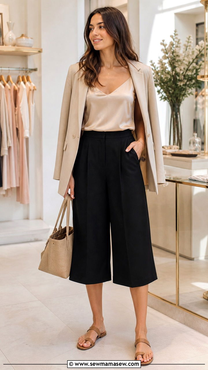 Silk Cami and Linen Blend Culottes Outfit - 40 spring shopping day outfit ideas