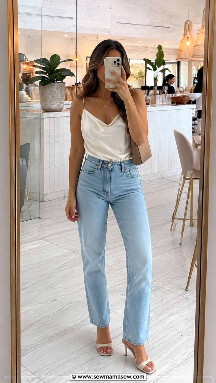 Silk Cami and Straight Leg Jeans Vegas Brunch Outfit - 30 Vegas brunch outfit ideas