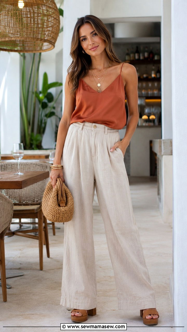 Silk Cami with Wide Leg Linen Trousers and Block Heel Sandals - 30 Boho capsule wardrobe