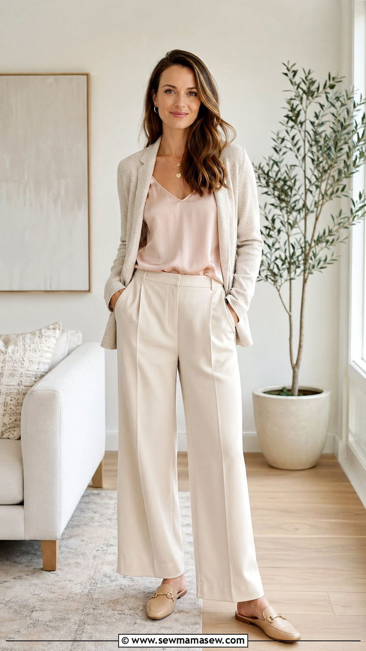 Silk Camisole Layered Under Knit Blazer With Relaxed Pants - 30 Zoom meeting outfit ideas