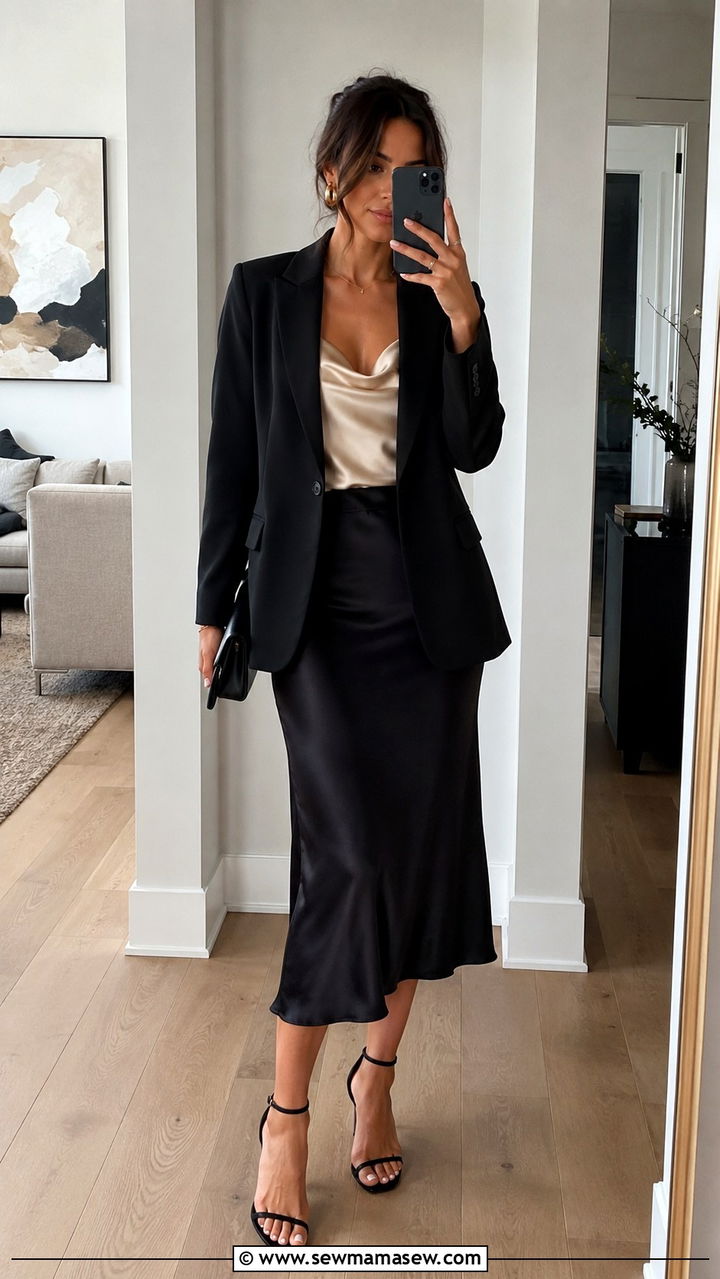 Silk Camisole Midi Skirt and Blazer - 30 Midi skirt outfit ideas with a blazer