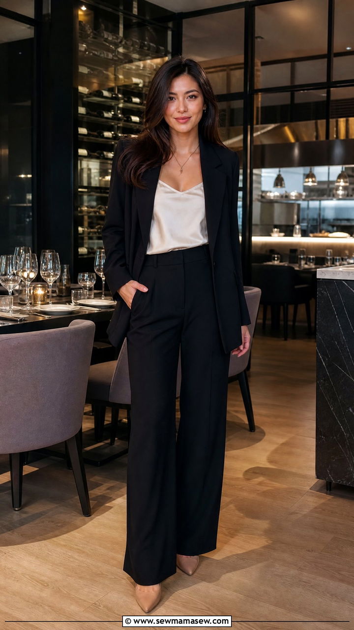 Silk Camisole Under Blazer With Wide Leg Trousers - 30 French girl outfit ideas petite