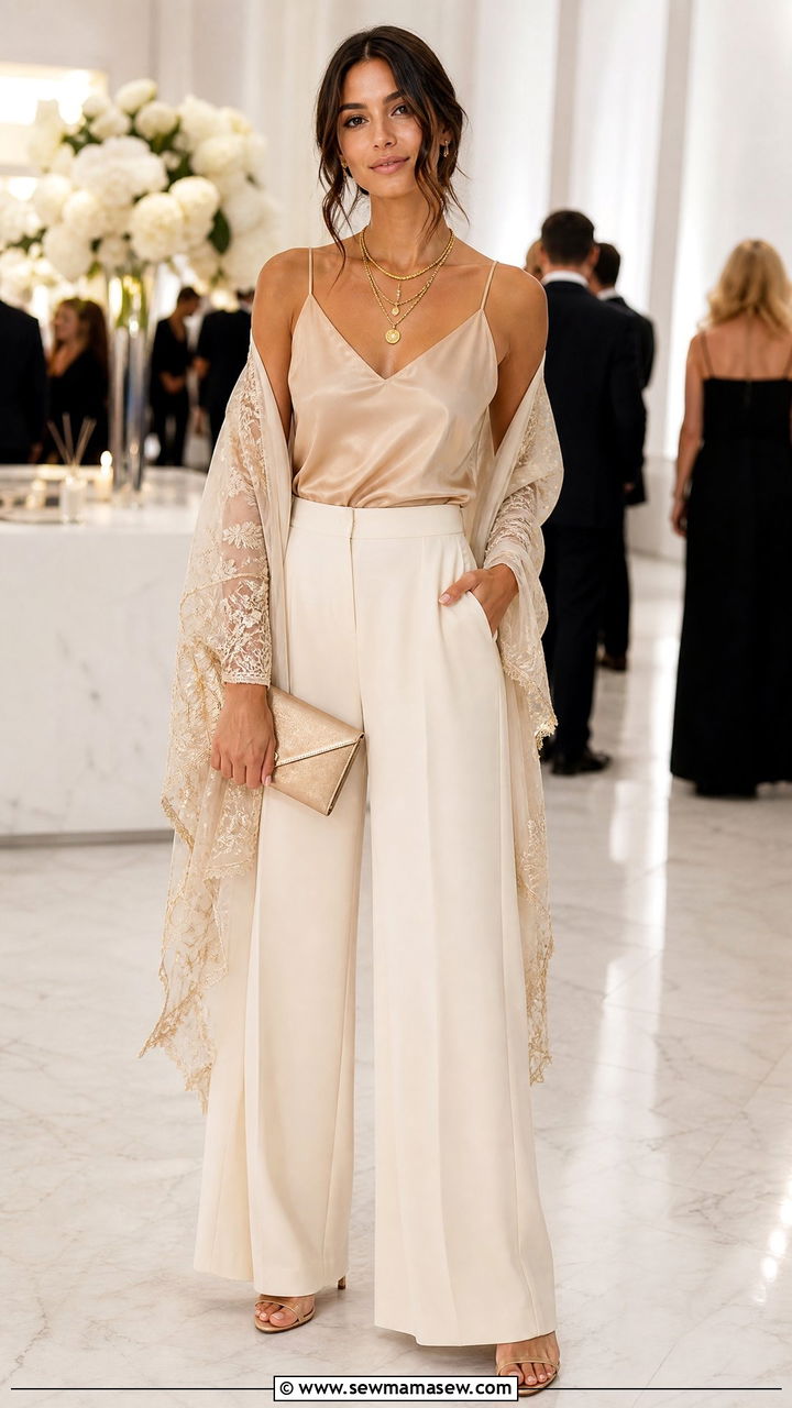 Silk Camisole Wide Leg Trousers And Sheer Shawl Outfit - 25 classy fairycore outfit ideas