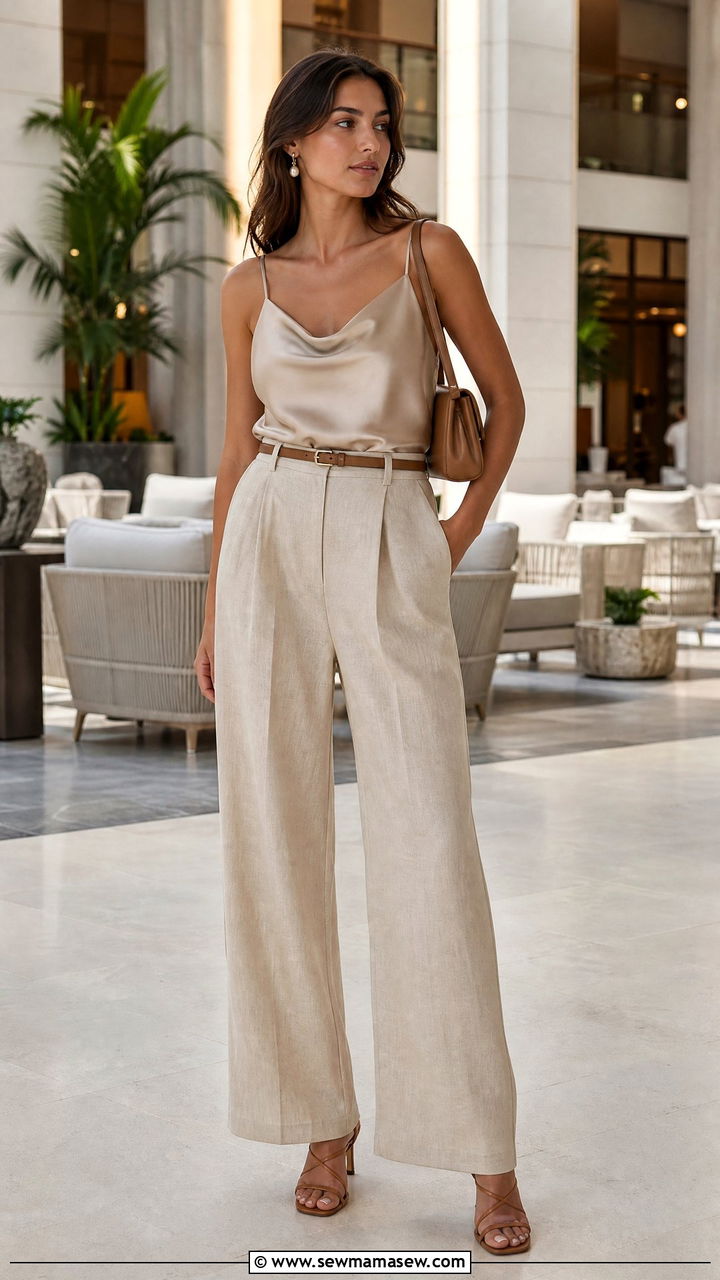Silk Camisole With Linen Wide Leg Pants - 30 Tropical vacation outfits