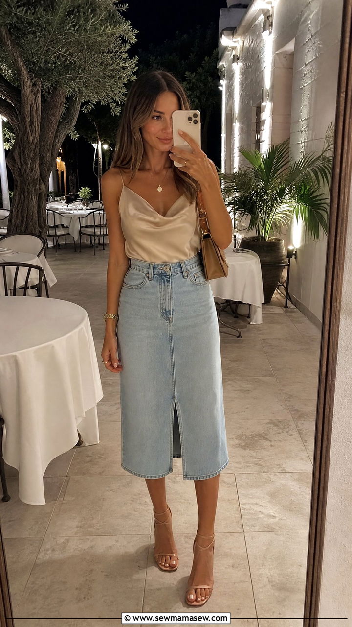 Silk Camisole With Midi Denim Skirt - 30 summer european outfit ideas