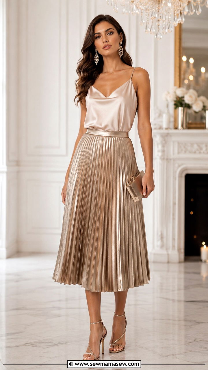 Silk Camisole With Pleated Midi Skirt And Stiletto Heels - 30 Pleated skirt outfit ideas with heels