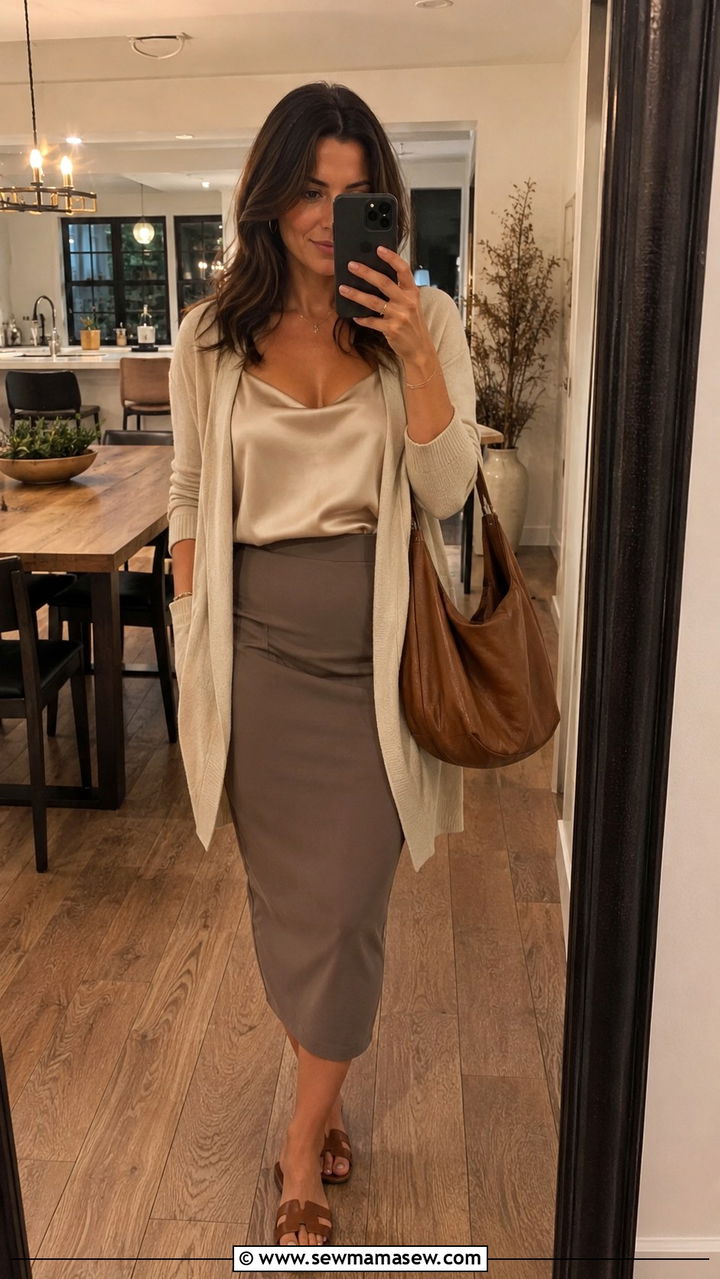 Silk Camisole and Cardigan with a Slip Pencil Skirt - 30 casual pencil skirt outfits