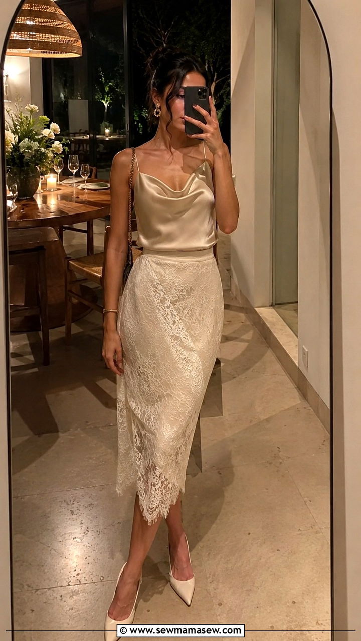 Silk Camisole and Lace Trim Midi Skirt - 30 Romantic spring outfit ideas